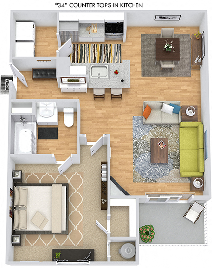 Floor plan for 1 bed, 1 bath, 740 sqft